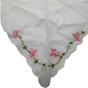 White Linen Handkerchief Pink Floral Hand Stitched Embroidery Scalloped Edge 9"